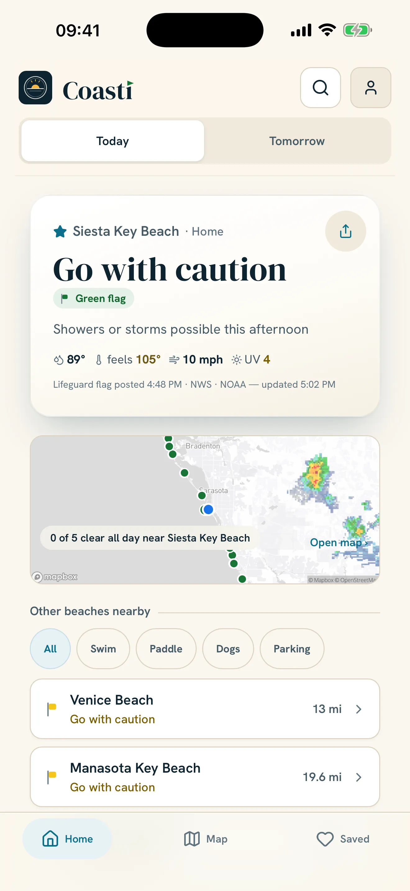 Coasti home screen: Siesta Key Beach, verdict "Go with caution", green flag, conditions and a radar map