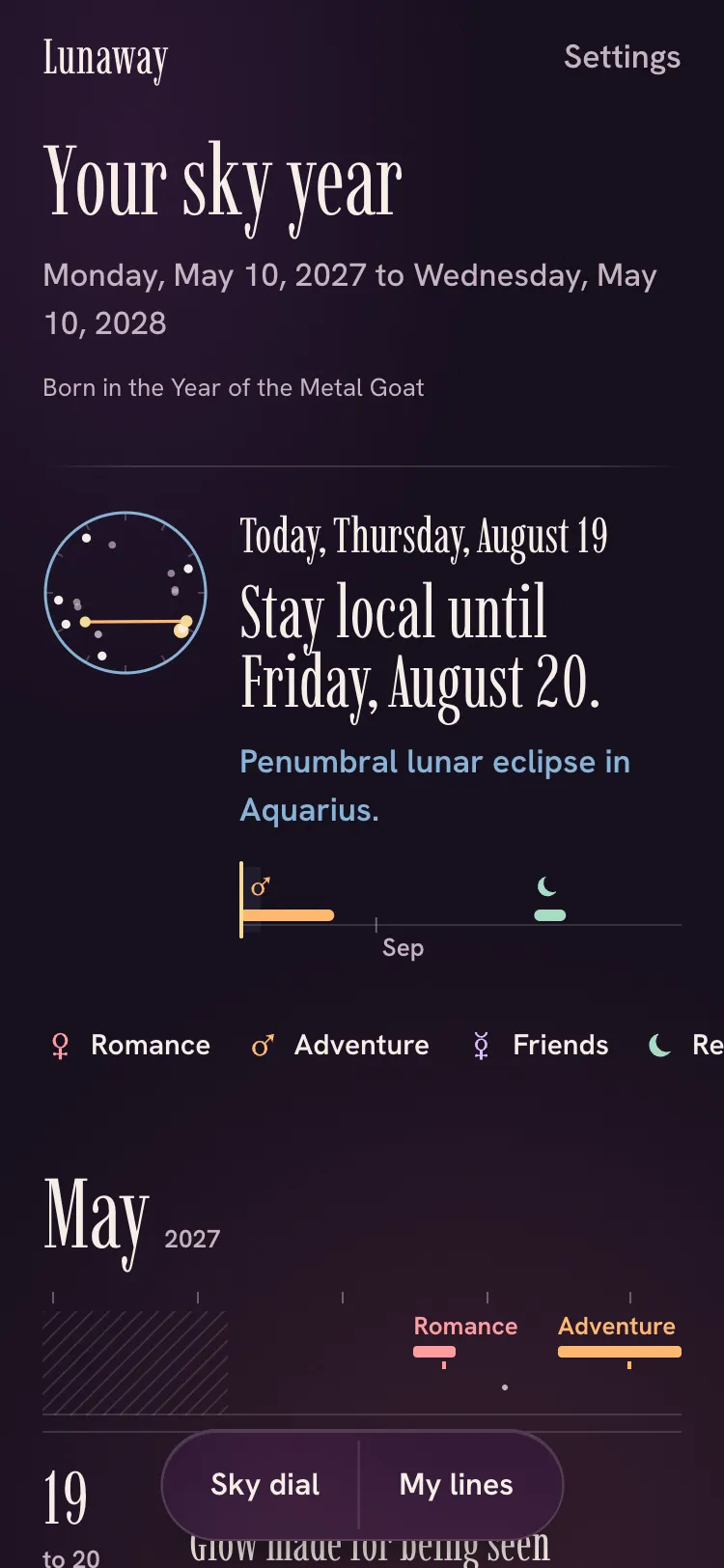 Lunaway year page: "Your sky year", today's window, and May with its go windows